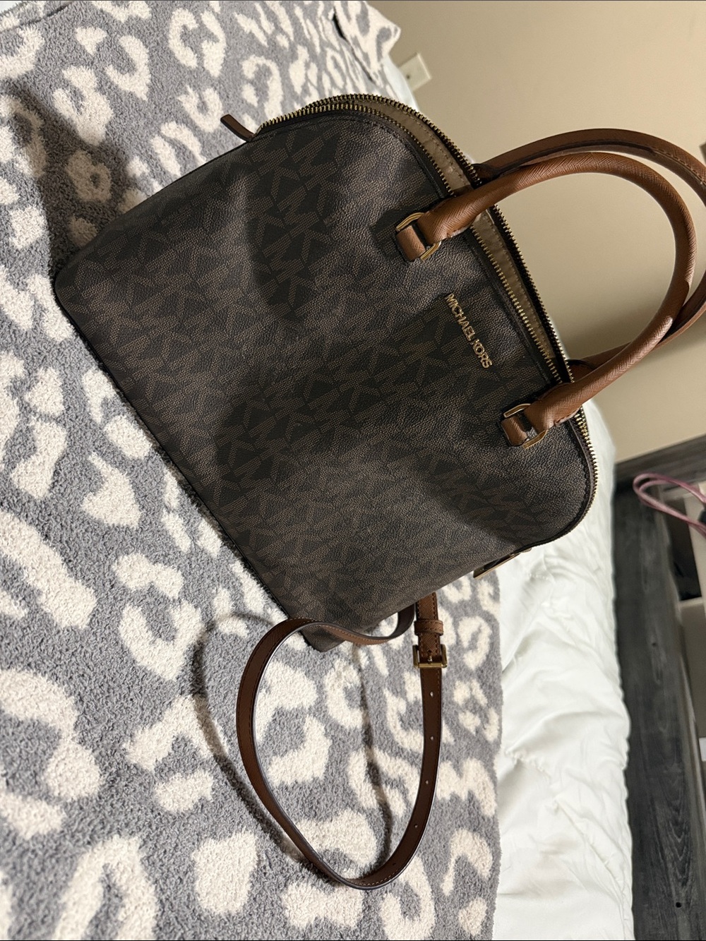 Michael Kors Dark Brown Signature Dome Satchel with Tan Handles